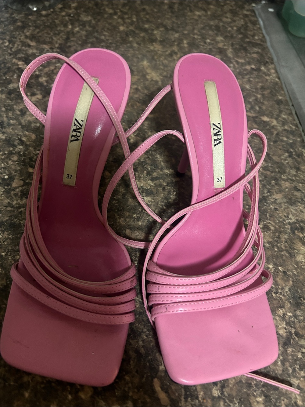 ZARA Hot Pink Strappy Square-Toe Heels
